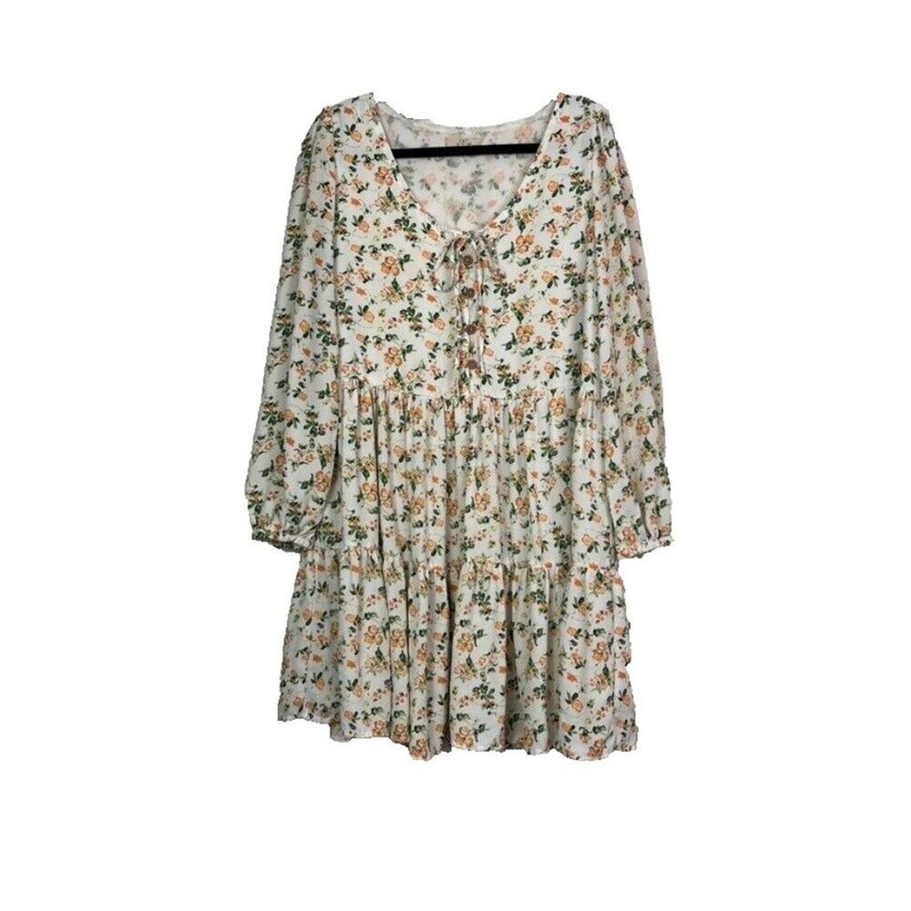 C&V Chelsea Violet Dress S Yellow Floral Oversized 3/4 Sleeve Mini Tunic Tiered